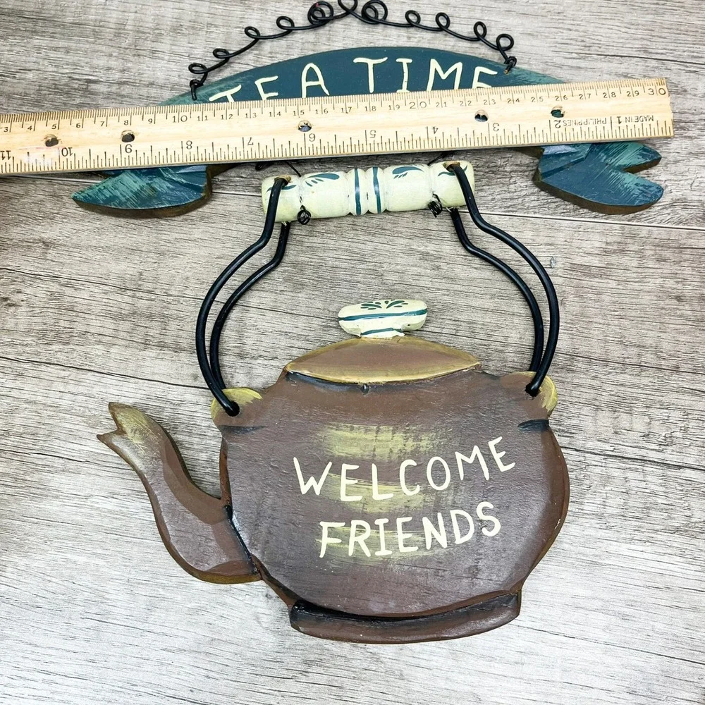 Vintage Rustic Wood Tea Time Welcome Friends Teapot Wall Hanging Kitchen Decor